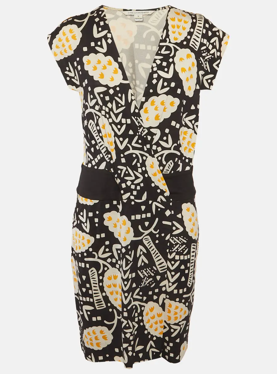Diane Von Furstenberg Black Abstract Print Jersey Wrap Mini Dress L