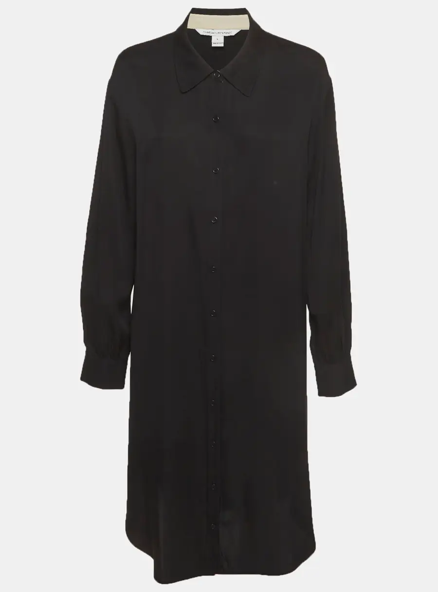 Diane Von Furstenberg Black Silk Blend Long Sleeve Shirt Dress L