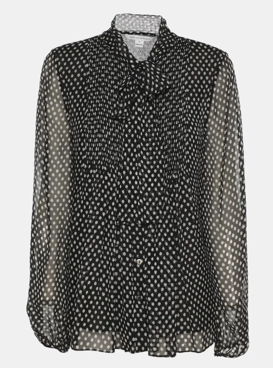 Diane Von Furstenberg Black/White Spot Print Chiffon Neck Tie Top M