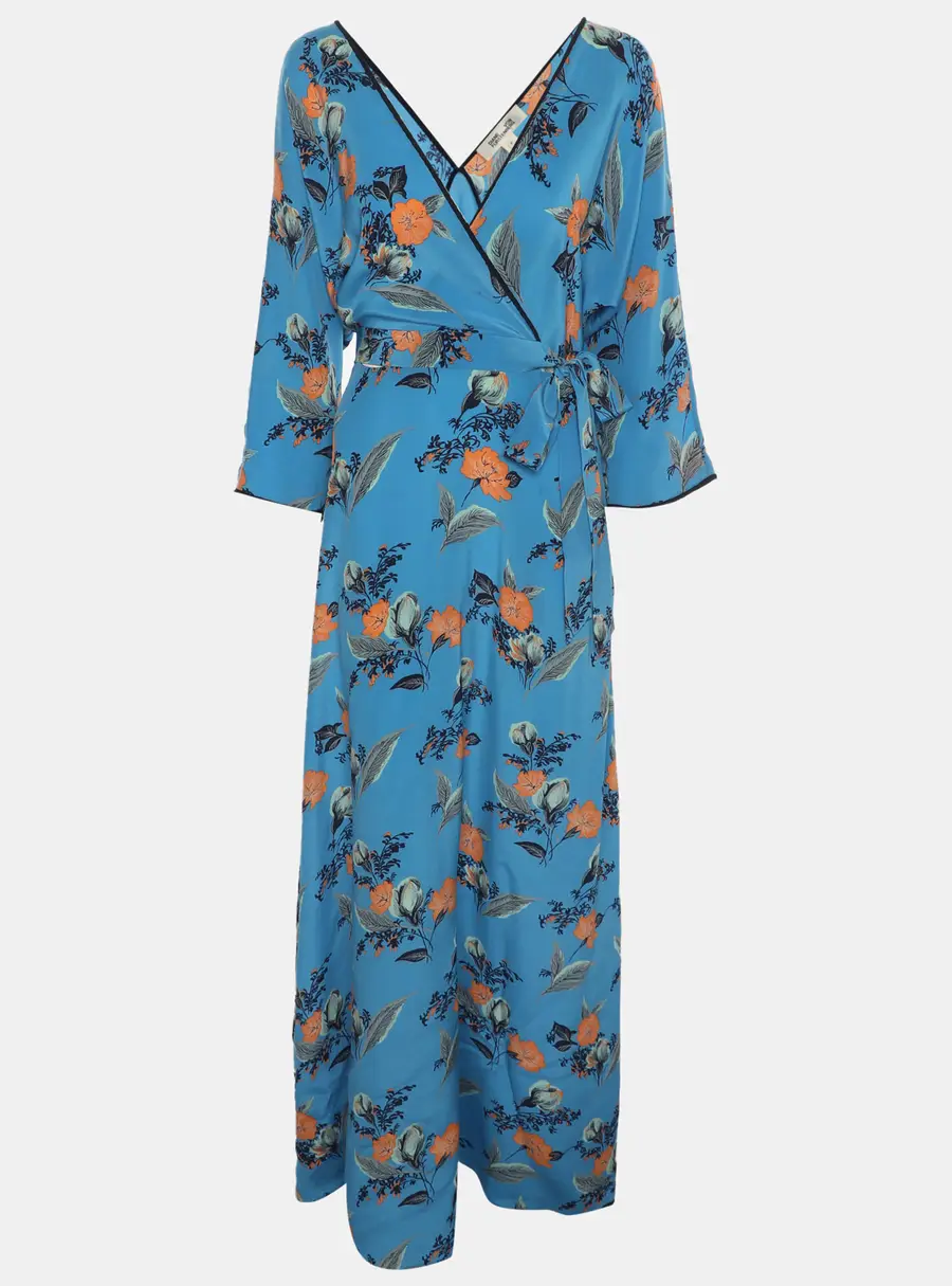 Diane Von Furstenberg Blue Floral Print Silk Belted Maxi Dress XS