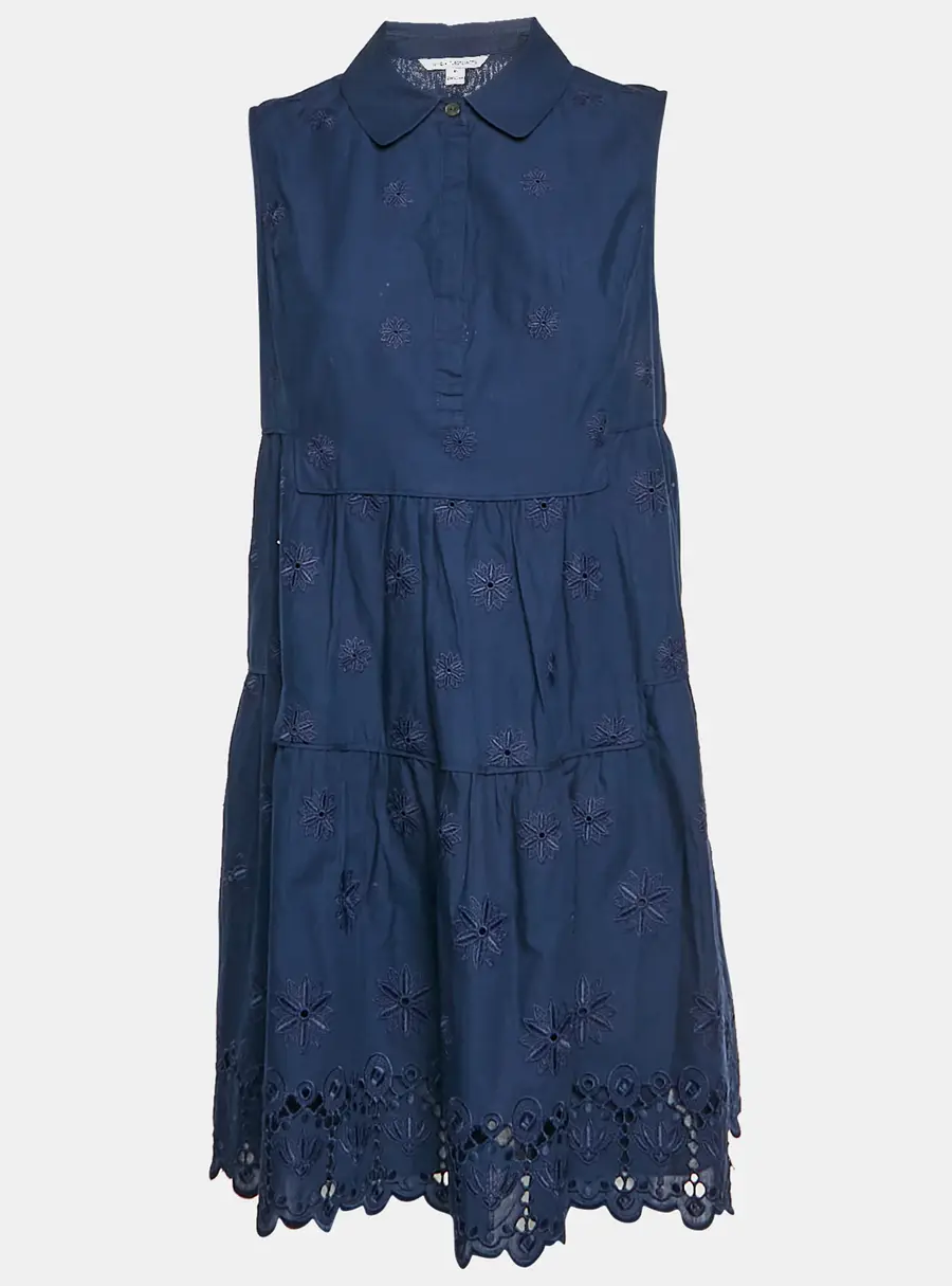 Diane Von Furstenberg Navy Blue Cotton Embroidered Eyelet Shirt Dress L