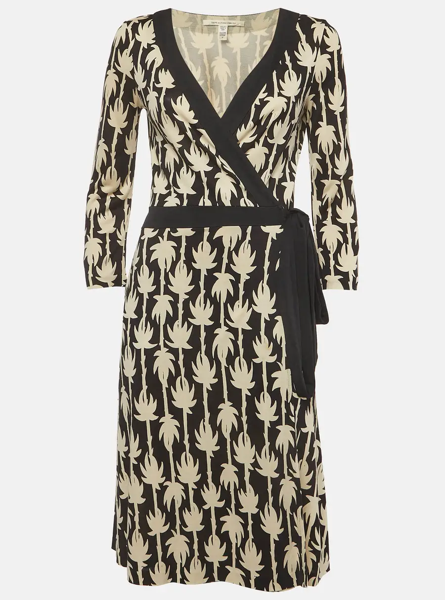 Diane Von Furstenberg Beige/Black Palm Print Silk Knit Wrap Midi Dress L