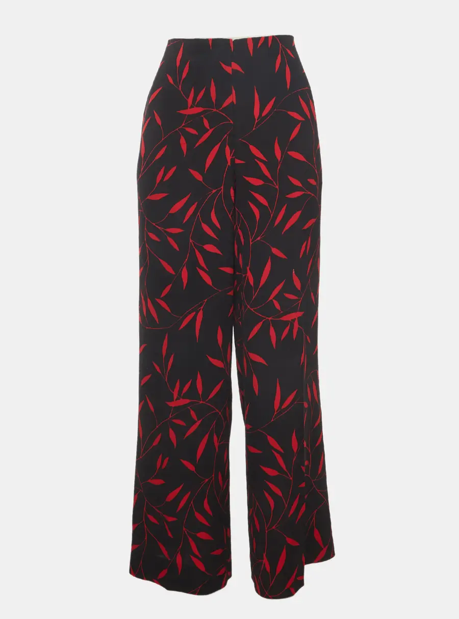 Diane Von Furstenberg Black Leaf Print Wide Leg Pants S