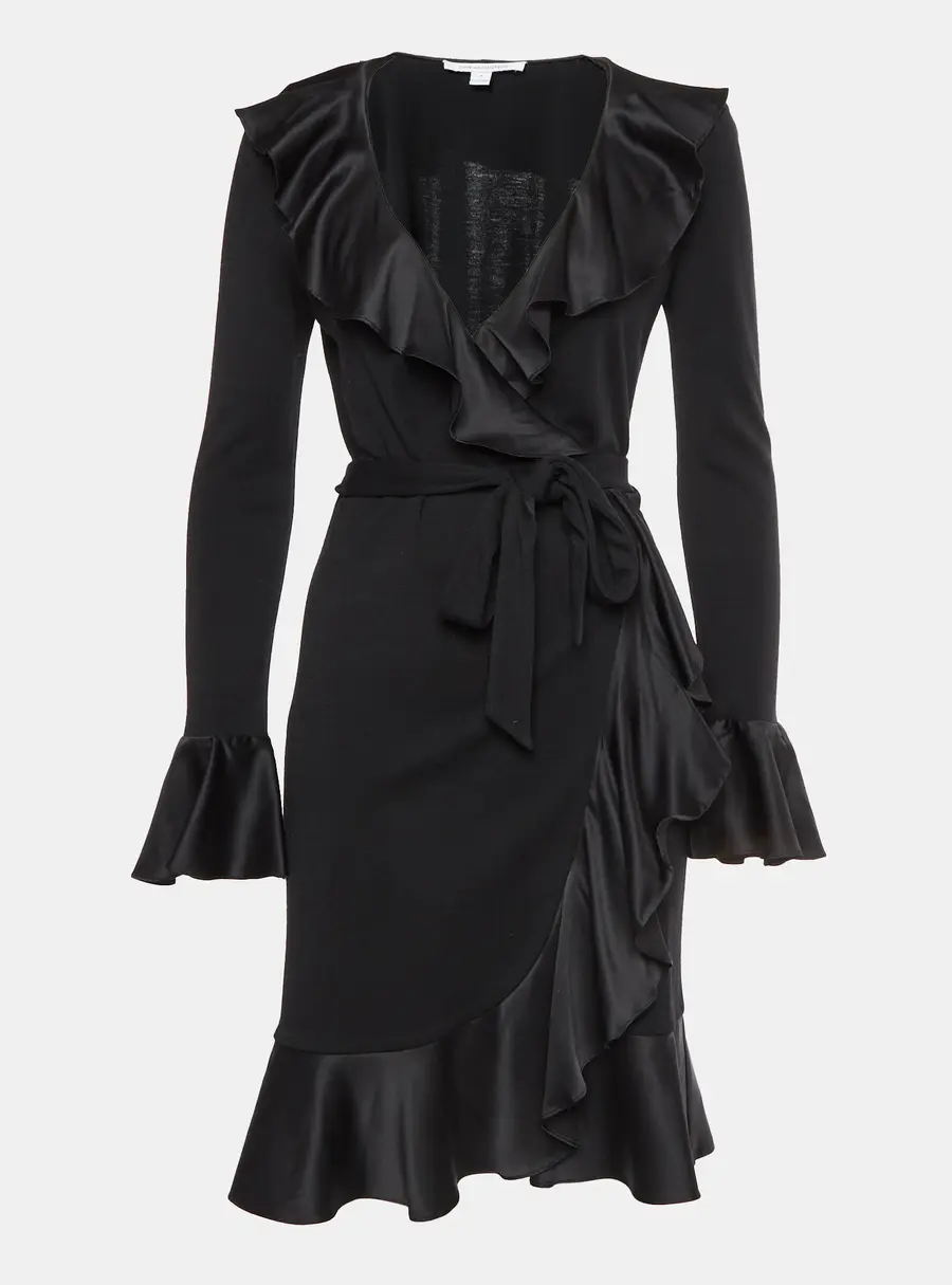 Diane Von Furstenberg Black Jersey and Satin Wrap Midi Dress S