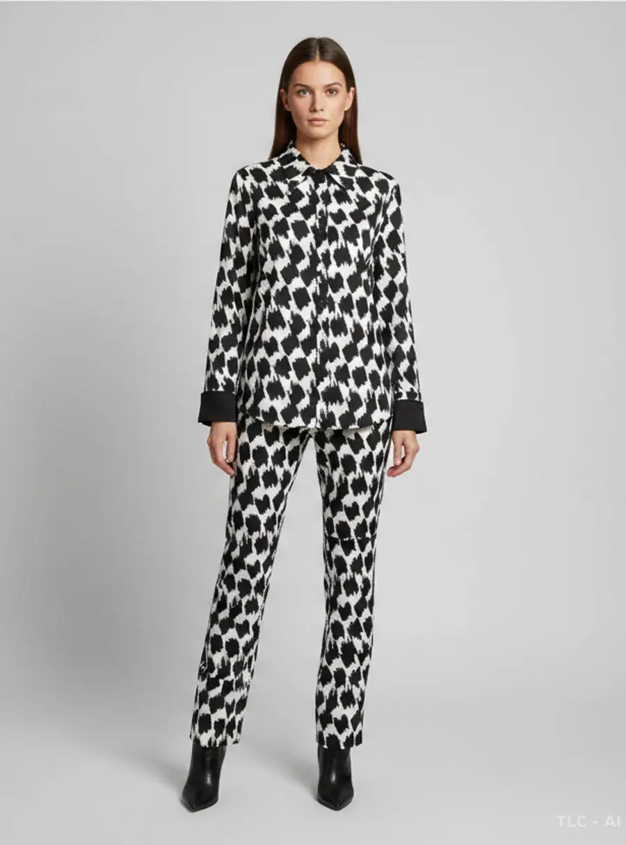 Diane Von Furstenberg Black/White Brush Tooth Print Jersey Shirt and Pants Set L/M