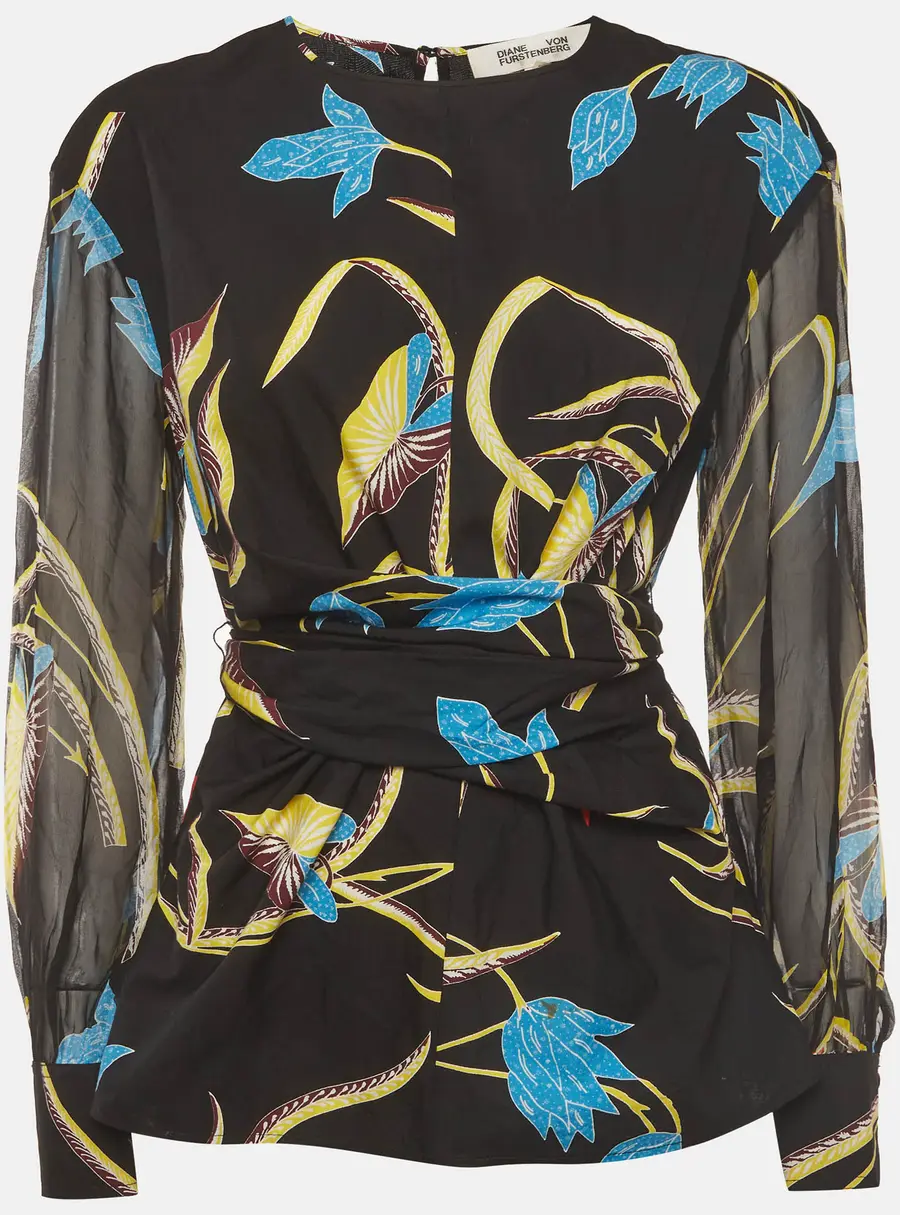 Diane Von Furstenberg Black Printed Cotton and Silk Waist Tie Detail Top M