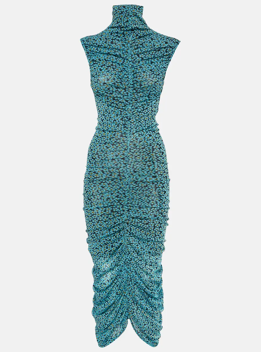 Diane Von Furstenberg Black/Blue Floral Print Jersey Ruched Midi Dress XS
