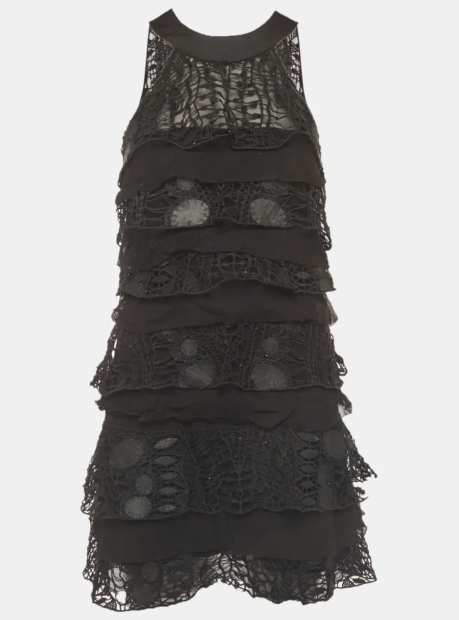 Diane von Furstenberg Black Lace Tiered Mini Dress S