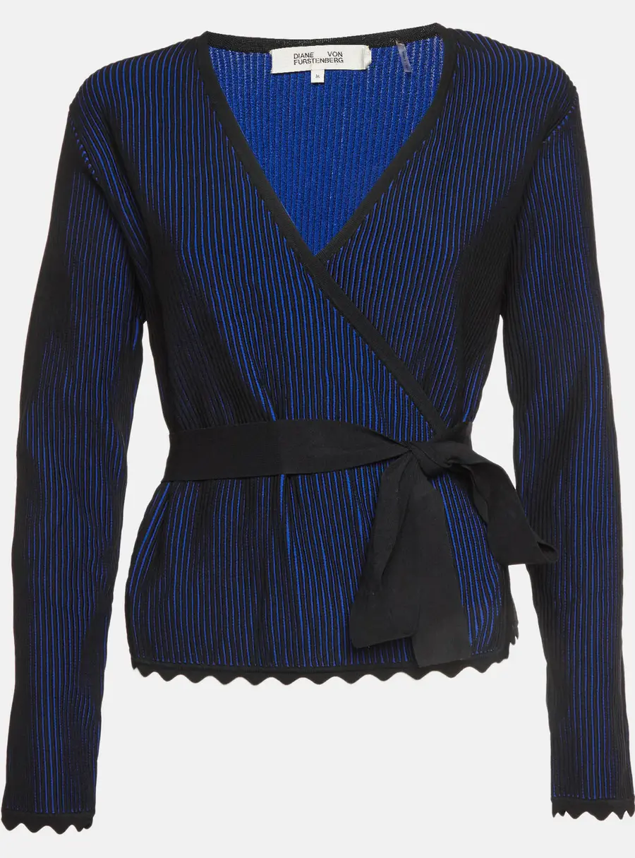Diane Von Furstenberg Blue/Black Striped Textured Knit Wrap Top M