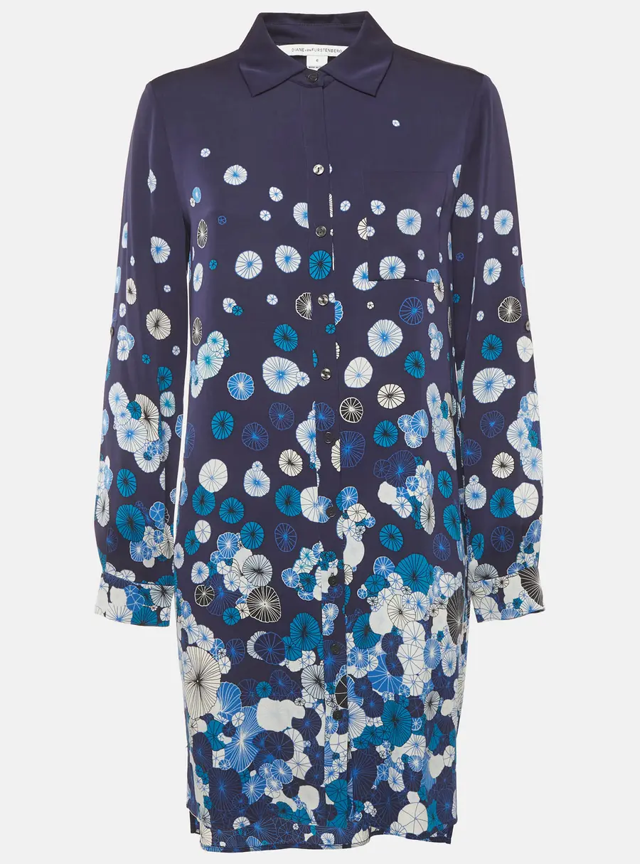 Diane Von Furstenberg Blue Floral Print Silk Mini Shirt Dress M