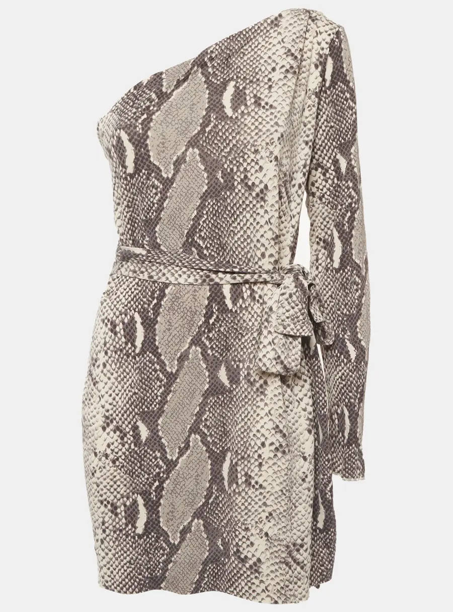 Diane Von Furstenberg Grey Printed Silk One Shoulder Wrap Around Dress L