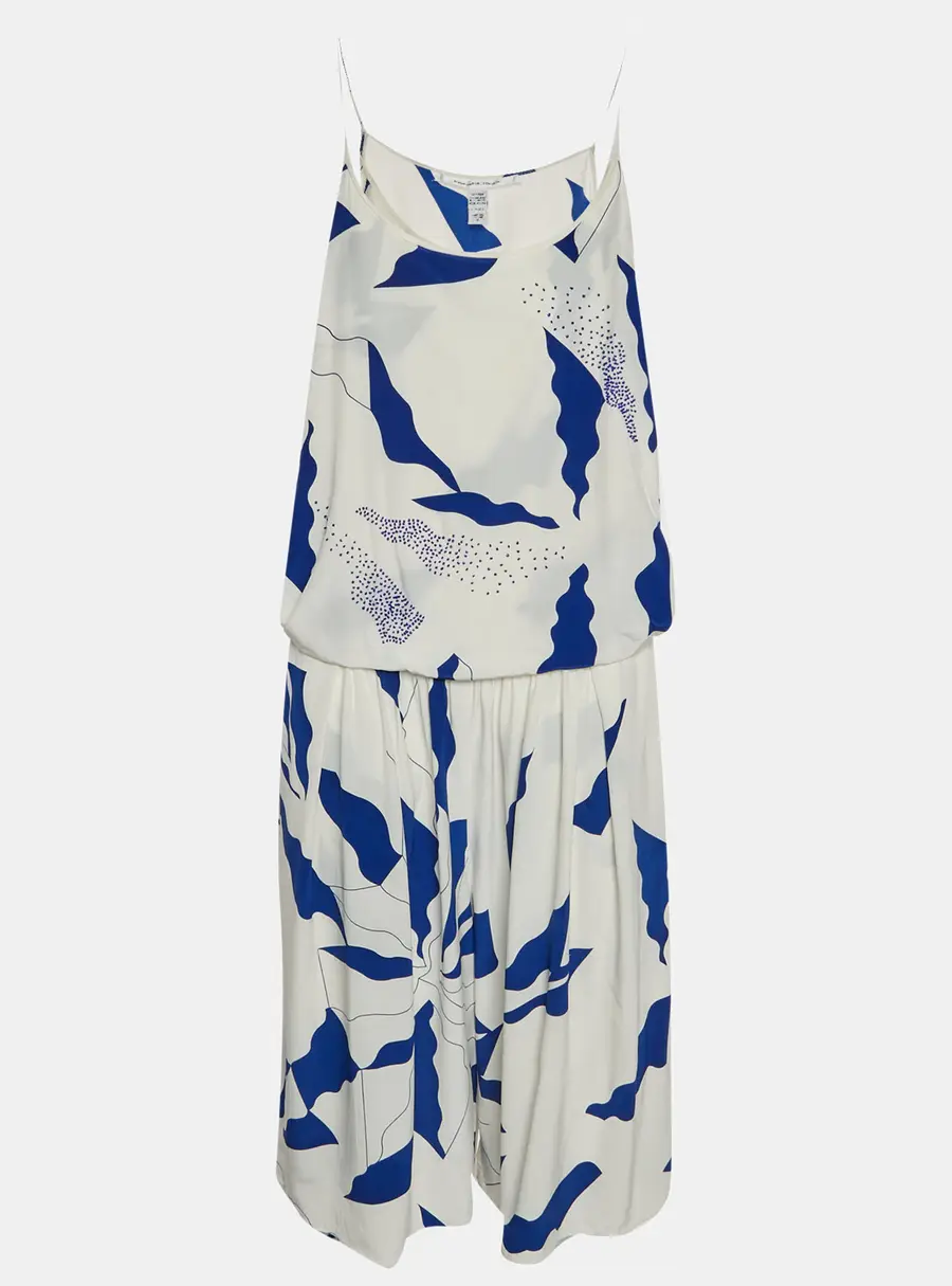 Diane Von Furstenberg White/Blue Abstract Print Silk Romper M