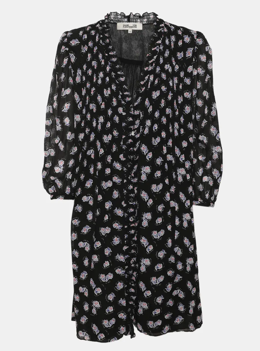 Diane Von Furstenberg Black Multicolor Floral Print Long Sleeve Shirt Dress XS