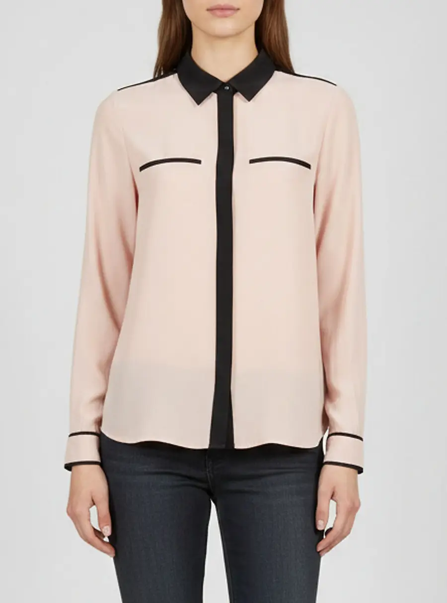 Diane Von Furstenberg Peach/Black Color Block Silk Long Sleeves Shirt M