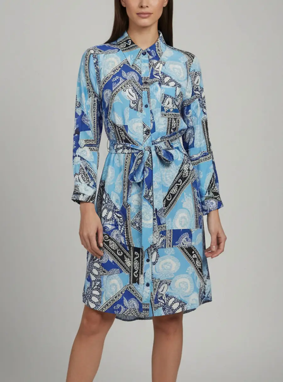 Diane Von Furstenberg Blue Printed Long Sleeve Dress M