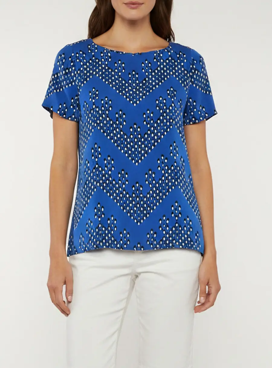 Diane Von Furstenberg Navy Blue Printed Stretch Silk Short Sleeve Top S