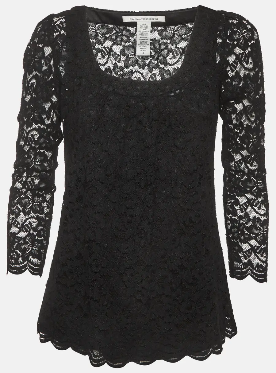 Diane Von Furstenberg Black Lace Long Sleeve Hasina Blouse M
