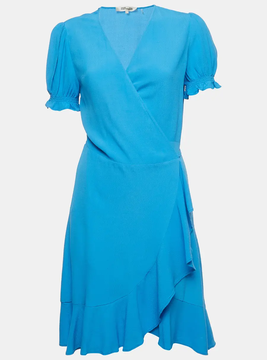 Diane von Furstenberg Blue Crepe Ruffled Wrap Dress M