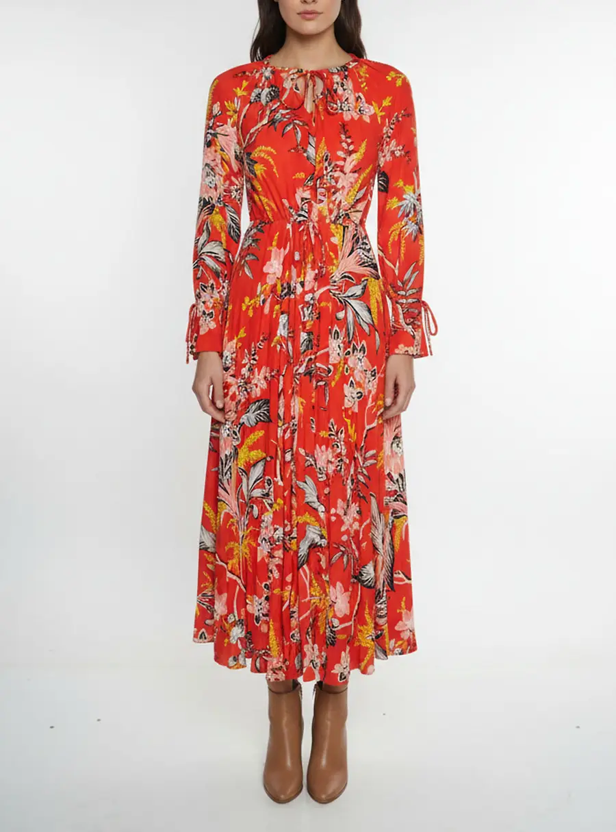 Diane von Furstenberg Red Printed Crepe Long Sleeve Maxi Dress XS