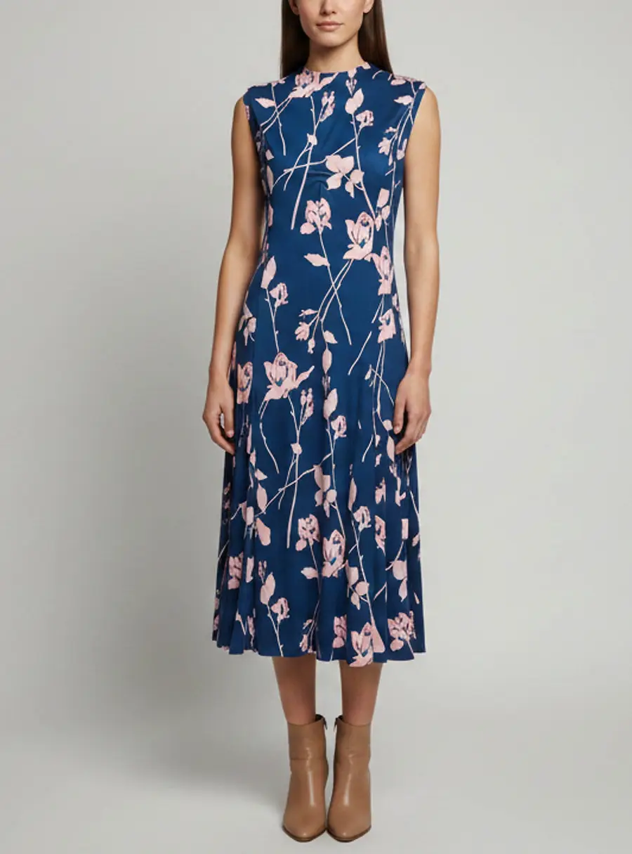 Diane von Furstenberg Navy Blue Floral Print Jersey Leora Midi Dress L