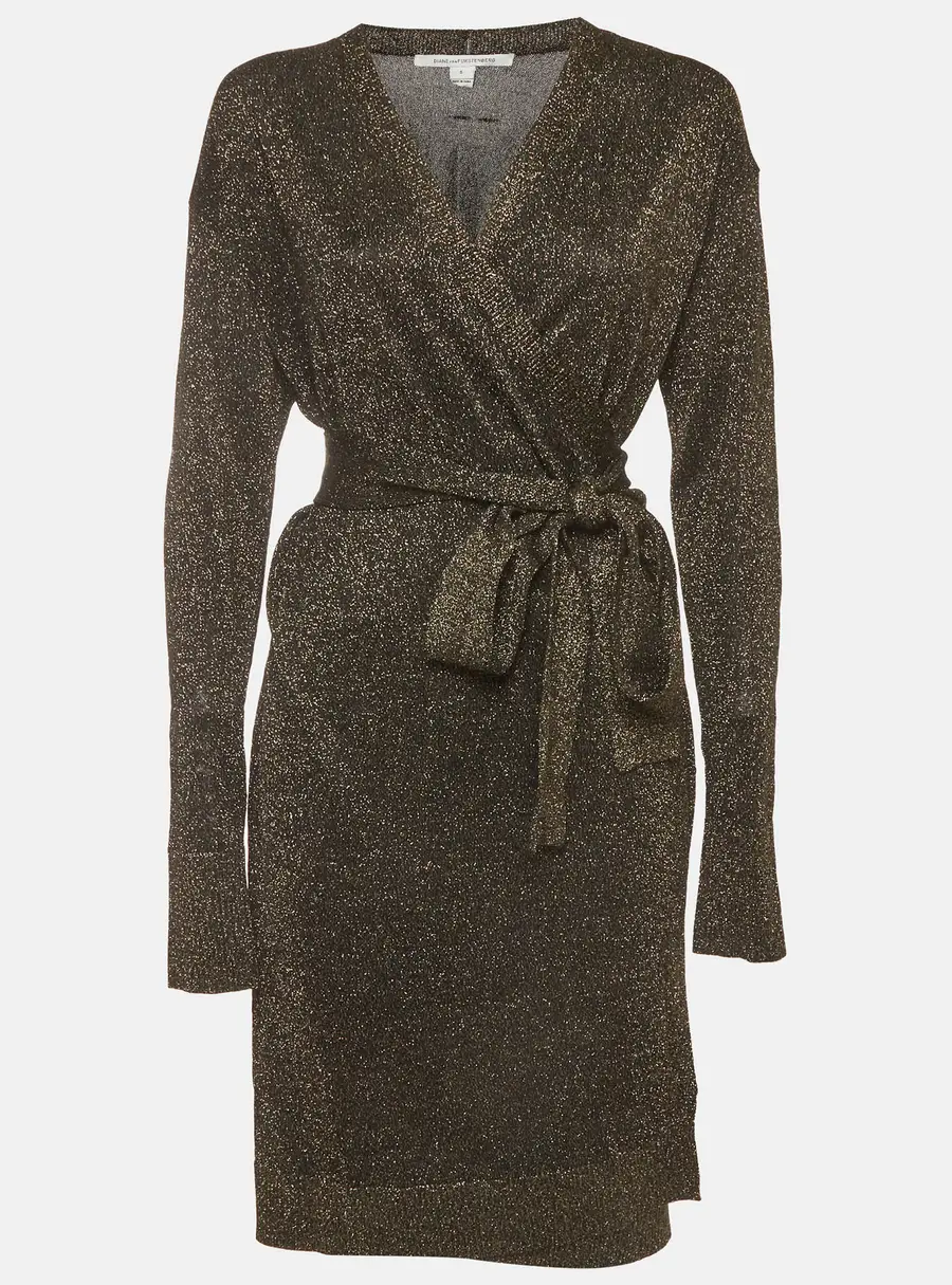 Diane Von Furstenberg Gold/Black Lurex Knit Fosette Wrap Dress S
