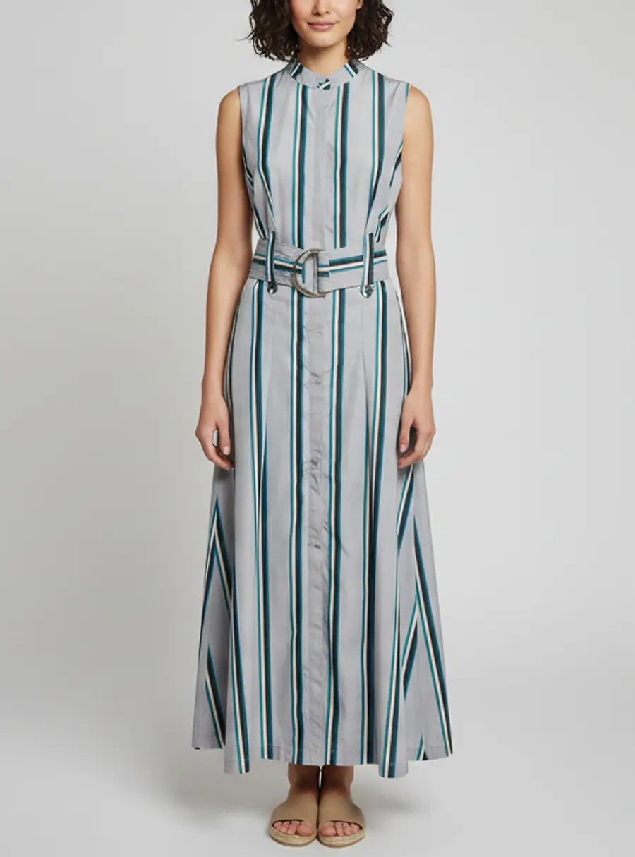Diane Von Furstenberg Grey Striped Poplin Belted Maxi Dress M