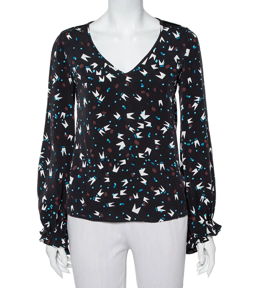 Diane Von Furstenberg Black printed Silk Oversized Dickinson Top XS