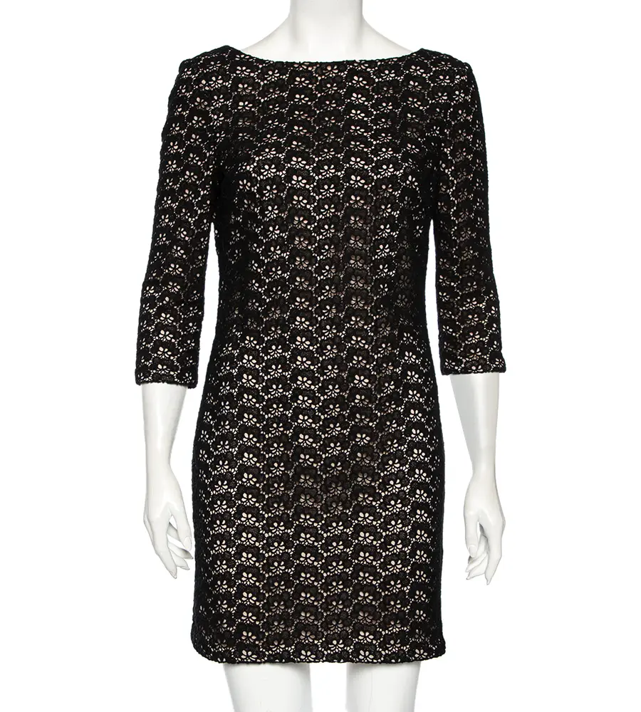 Diane von Furstenberg Black Floral Pattern Cutout Lace Dress M