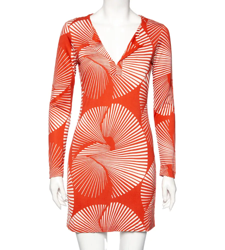 Diane von Furstenberg Dull Orange Printed Silk Reina Long Sleeve Dress S