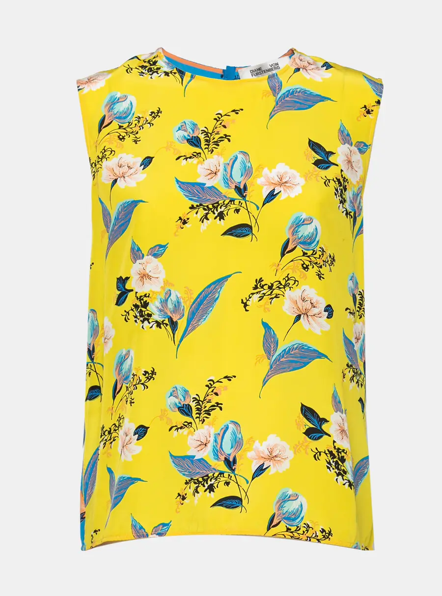 Diane von Furstenberg Yellow & Blue Floral Printed Silk Sleeveless Top L