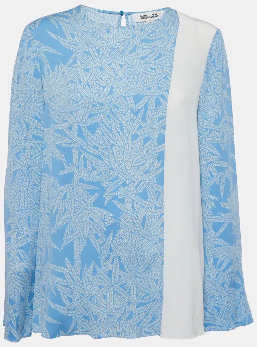Diane Von Furstenberg Blue Printed Silk Contrast Top M