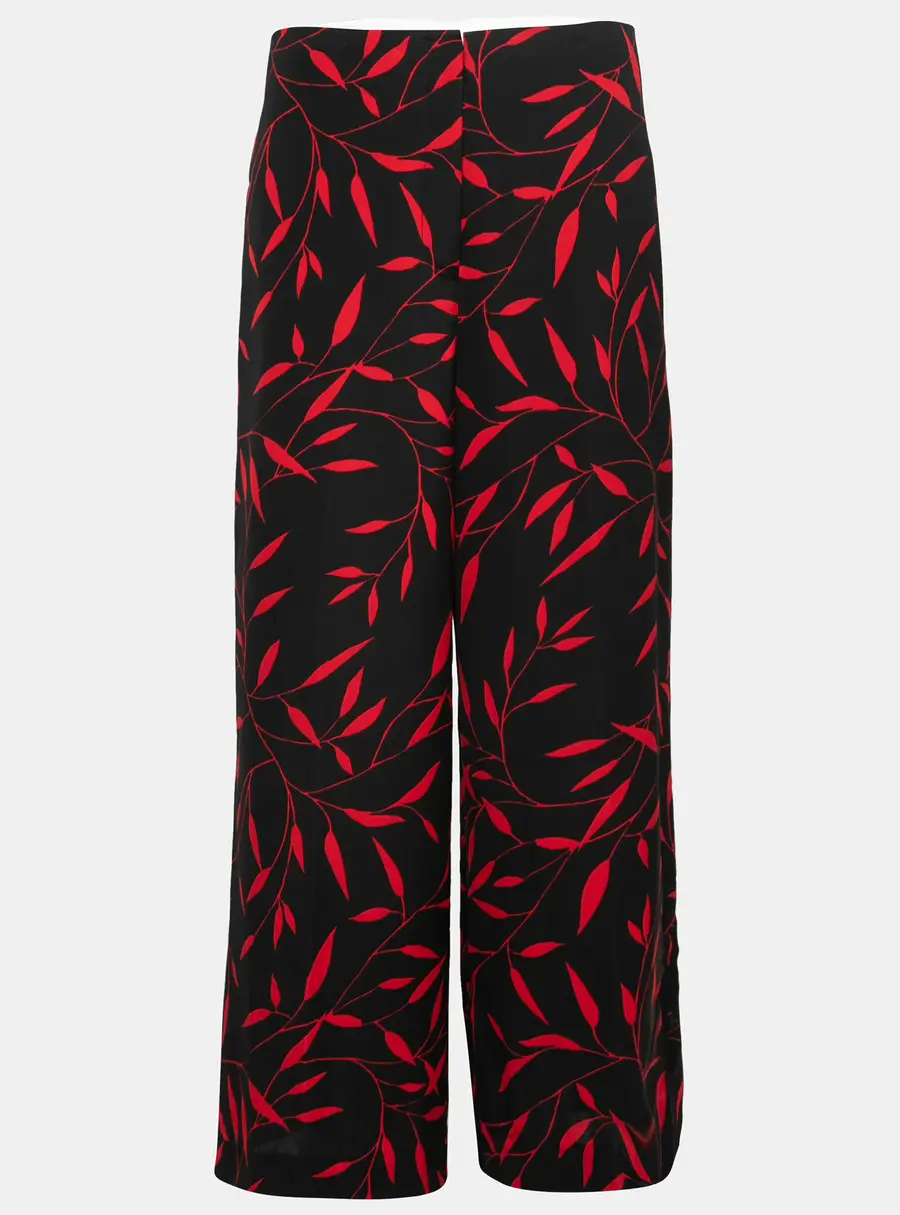 Diane Von Furstenberg Black & Red Printed Stretch Crepe Wide Leg Trousers M