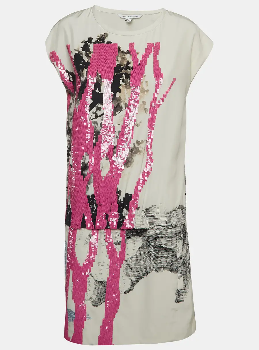 Diane Von Furstenberg White/Pink Sequin and Silk Tara Dress S