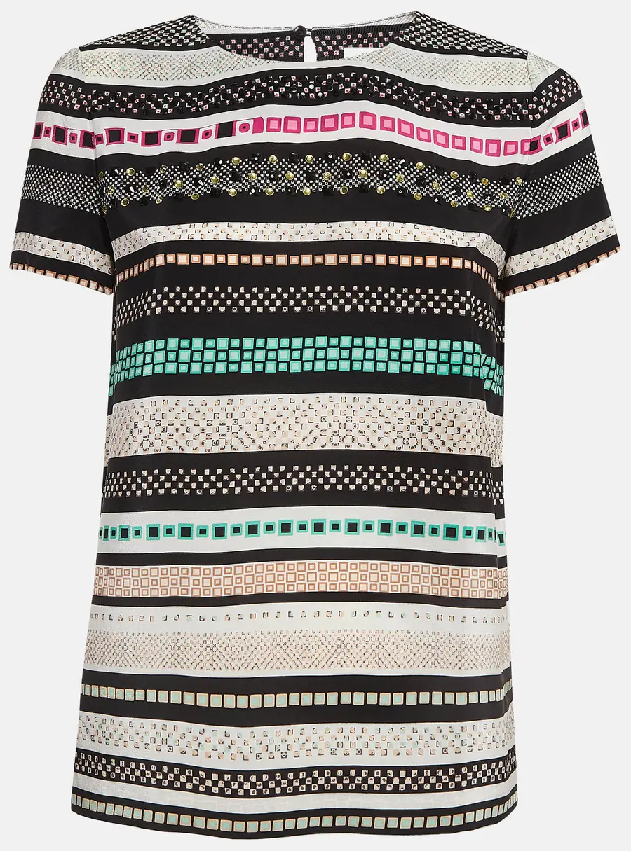 Diane Von Furstenberg Multicolor Print and Studded Silk Top XS