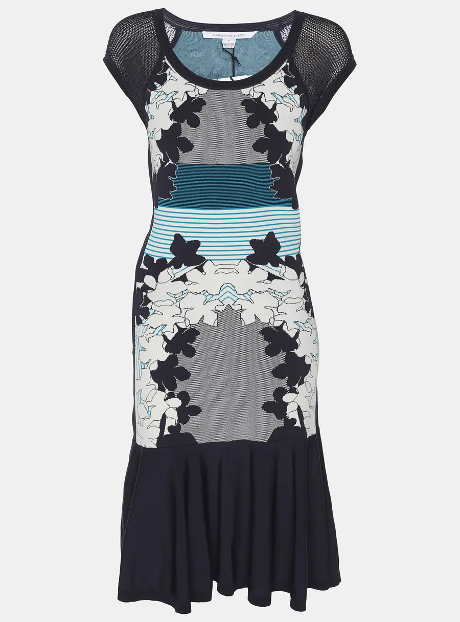 Diane Von Furstenberg Navy Blue/White Knit Jalen Dress S