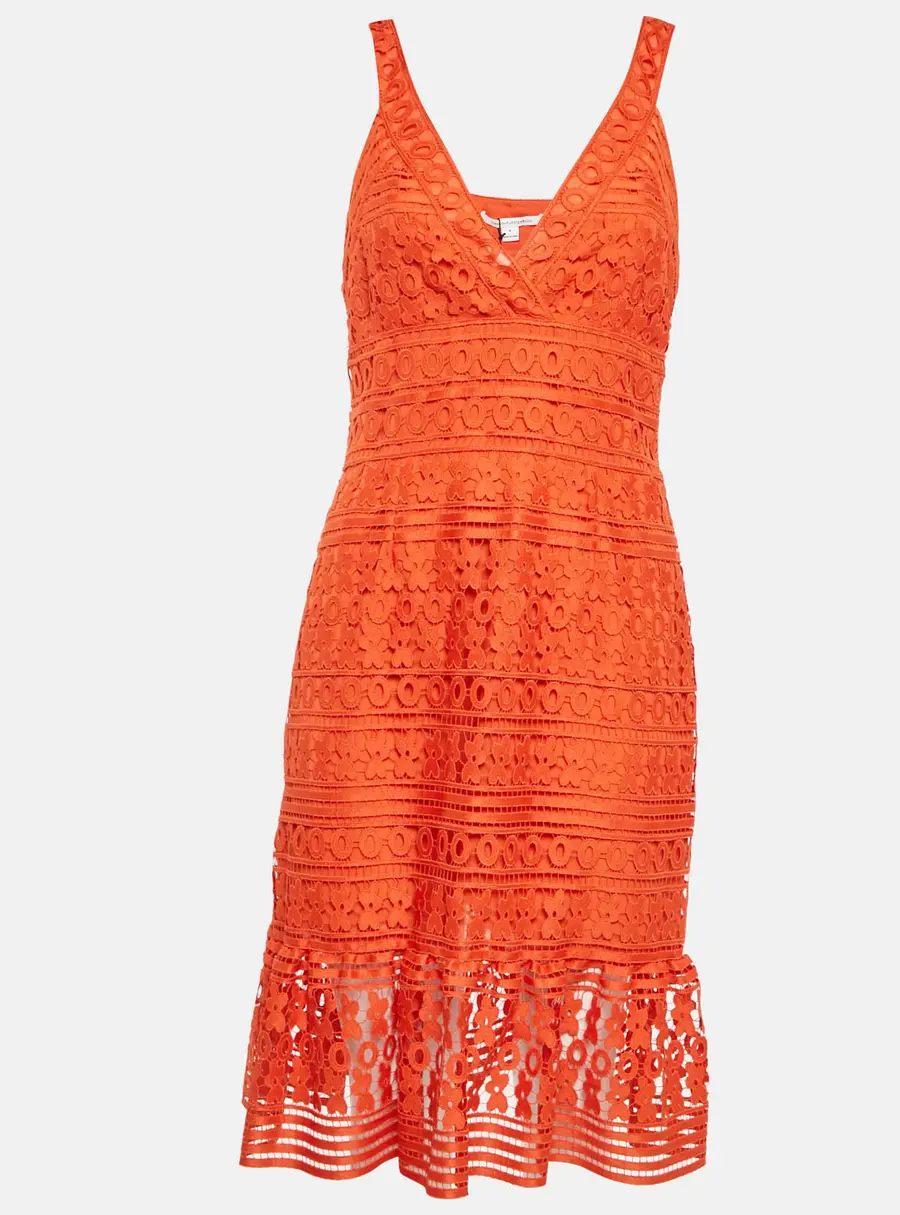 Diane Von Furstenberg Orange Tiana Guipure Midi Dress M