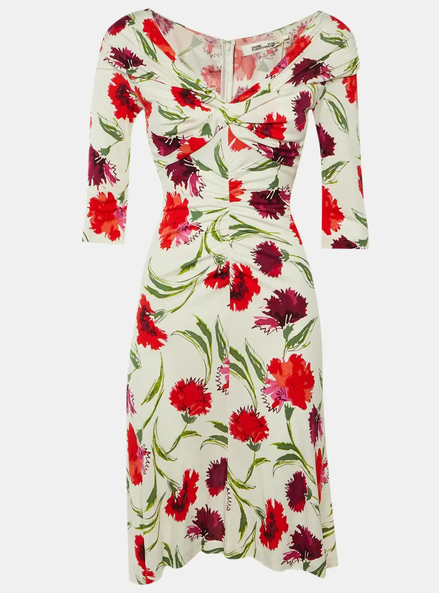 Diane Von Furstenberg White Floral Print Jersey Jim Midi Dress XS