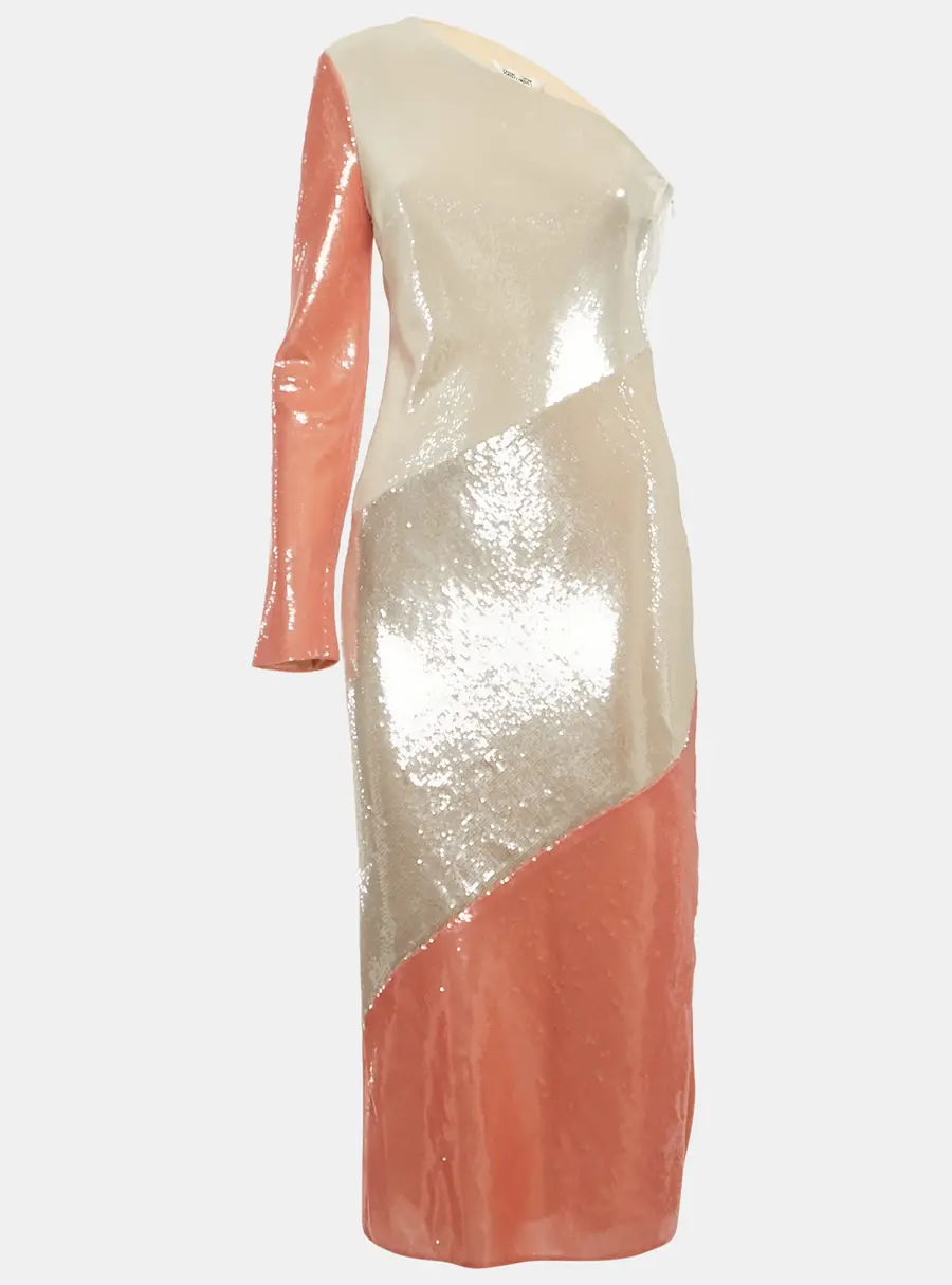 Diane Von Furstenberg Champagne/Pink Paneled One Shoulder Dress S