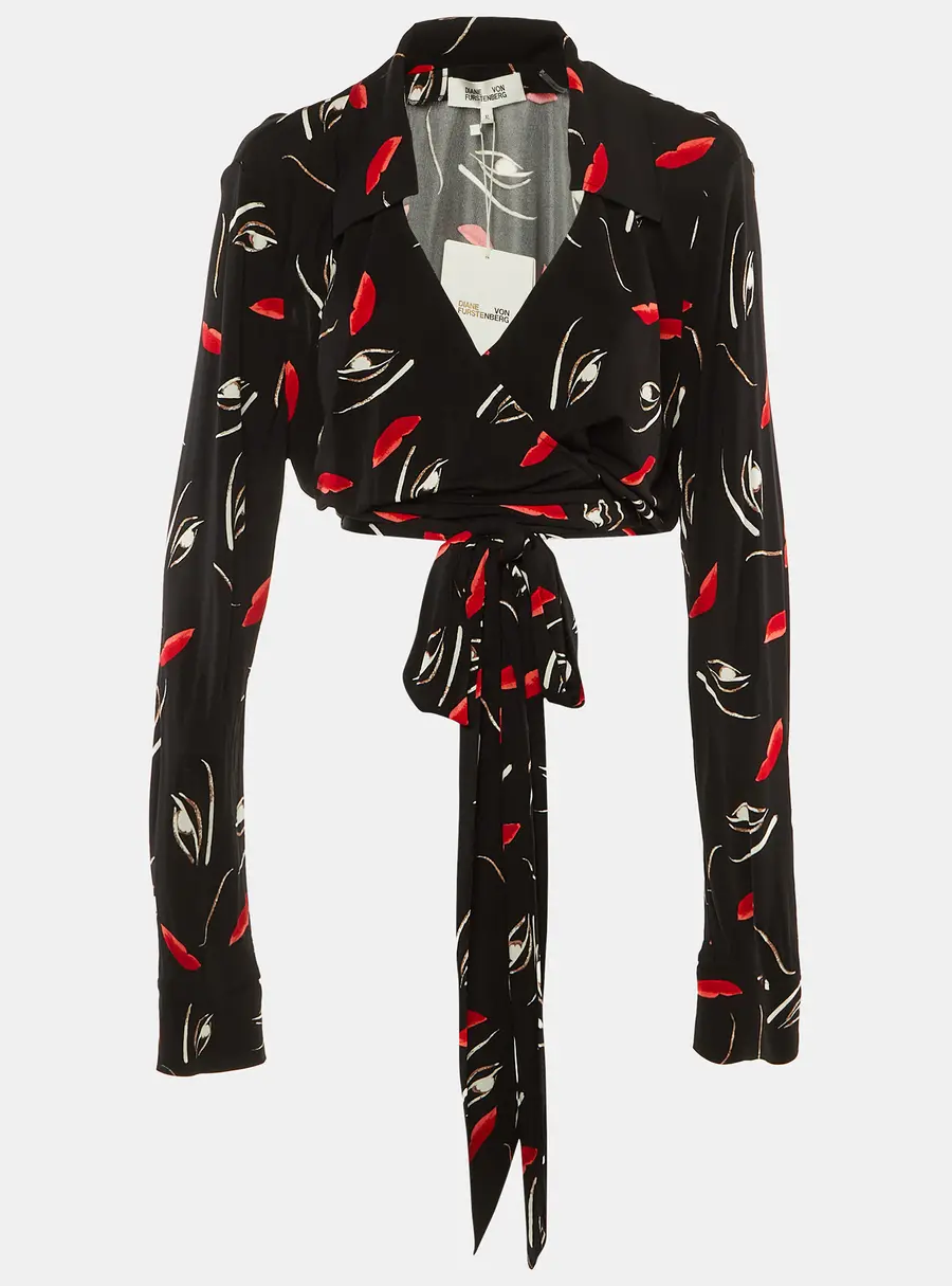 Diane Von Furstenberg Black Floating Face Print Jersey Wrap Around Bobbie Top XL
