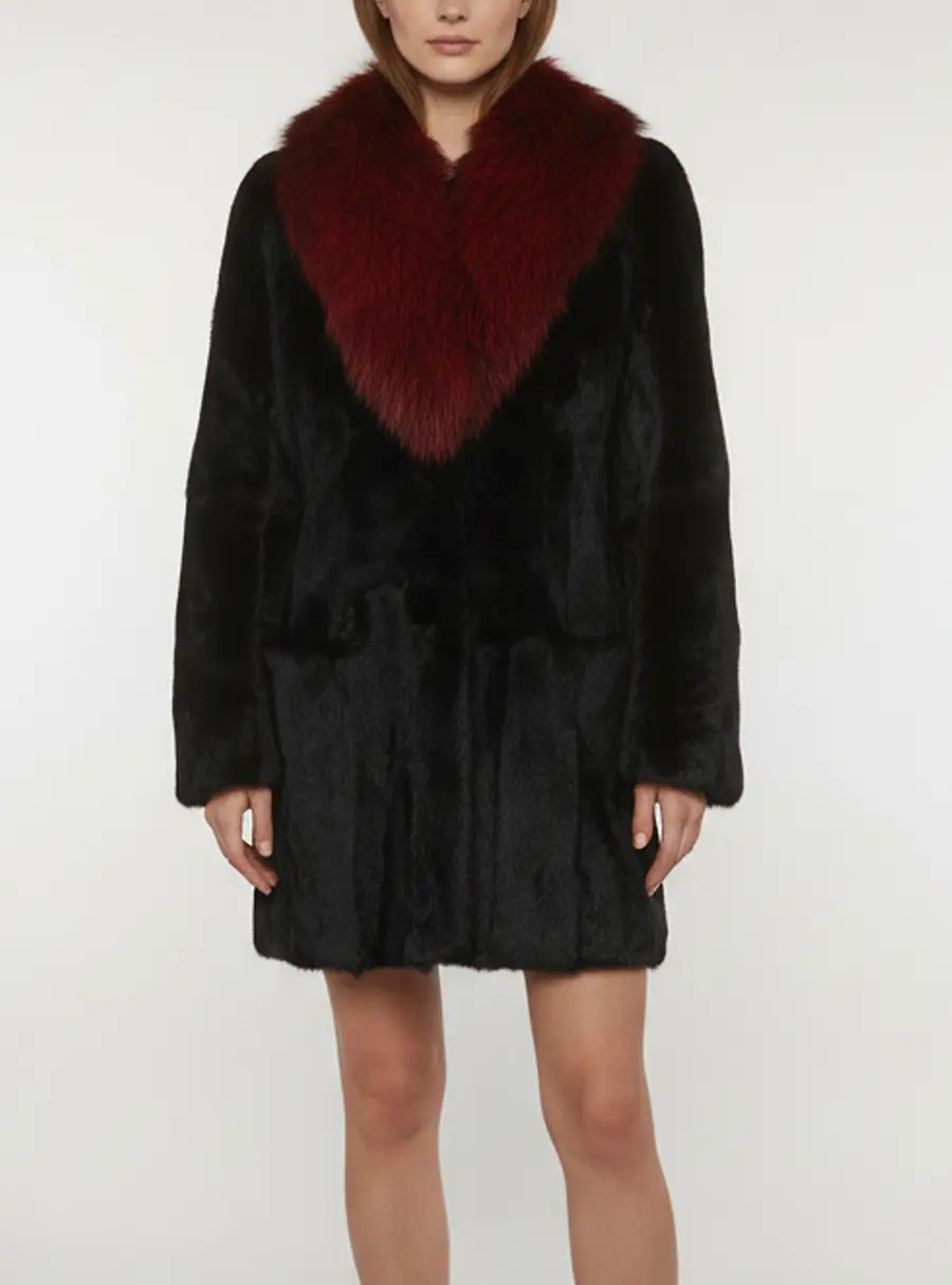 Diane von Furstenberg Black/Red Fur Mid Length Coat M