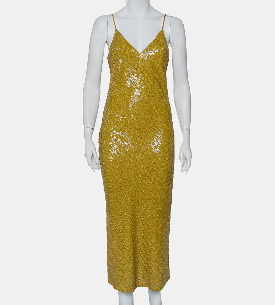 Diane Von Furstenberg Mustard Yellow Sequin Embellished Silk Havita Dress M