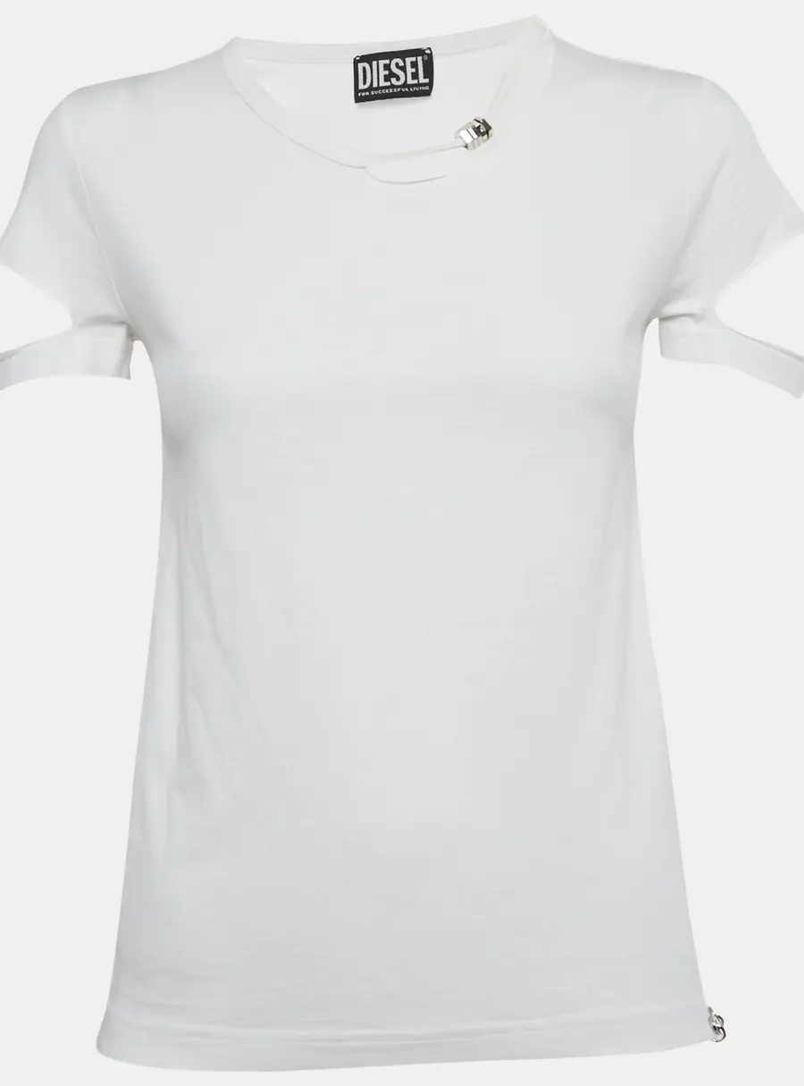 Diesel White Jersey Ripped Detail T-Shirt S