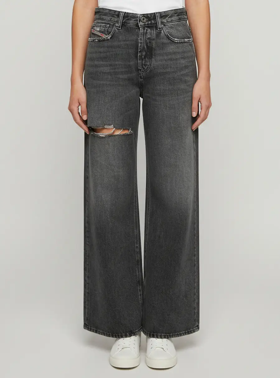 Diesel Grey Denim Distressed Wide Leg Jeans M /Waist 28"