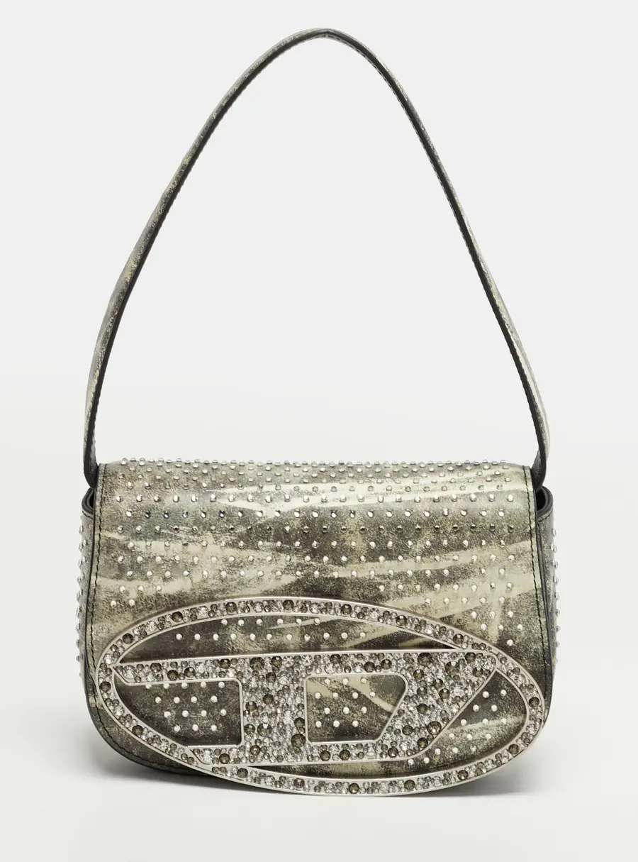 Diesel Crystal Embellished 1DR Olive Green/White Leather Shoulder Bag