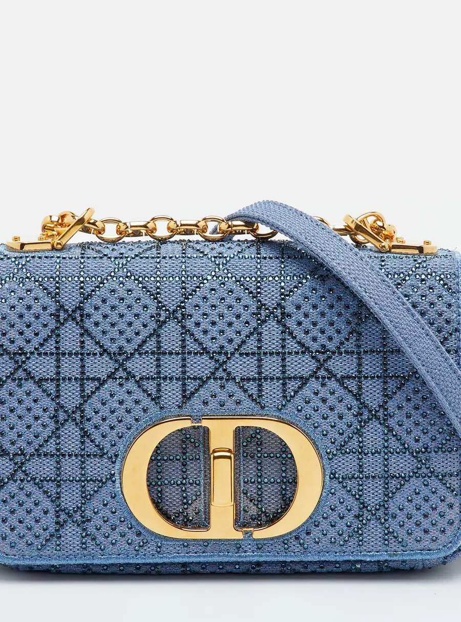 Dior Caro Small Blue Metallic Lurex Fabric Cannage Strass Flap Shoulder Bag