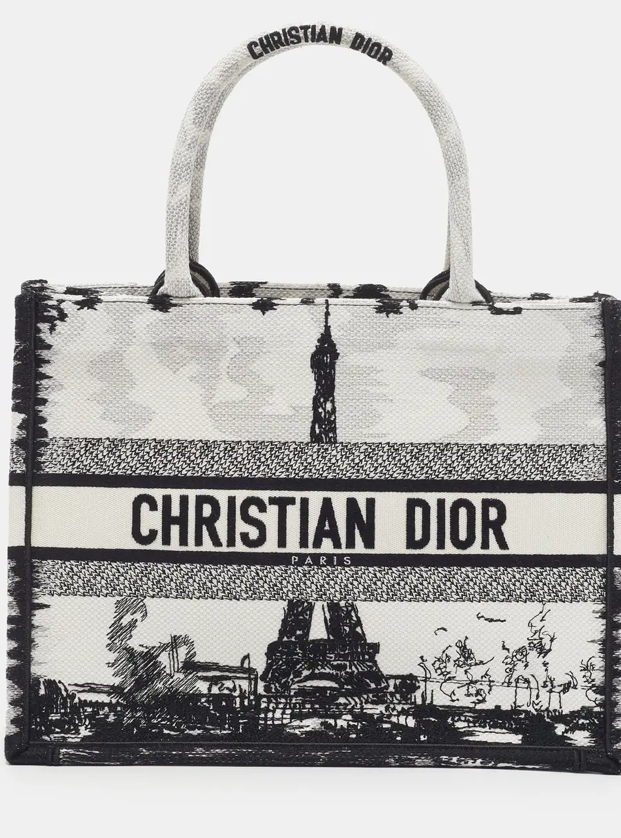 Dior Book Medium Black/White Paris Embroidered Canvas Tote