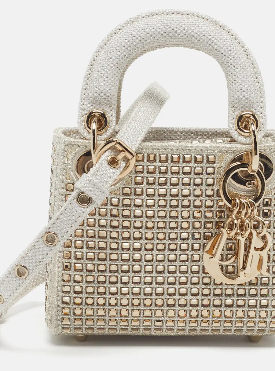 Dior Lady Dior Micro Metallic White Crystal Strass Lurex Fabric Tote