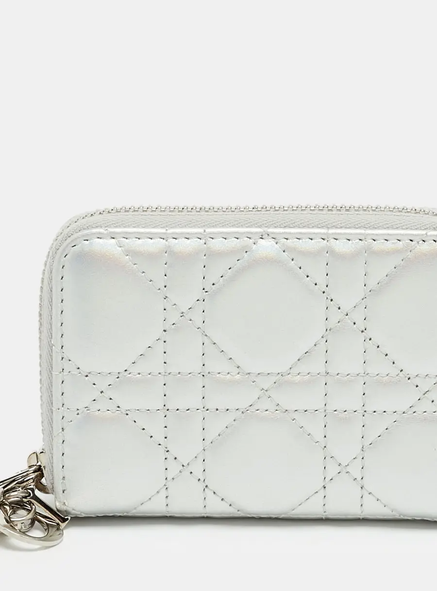Dior Lady Dior Voyageur Silver Iridescent Cannage Leather Zip Around Wallet