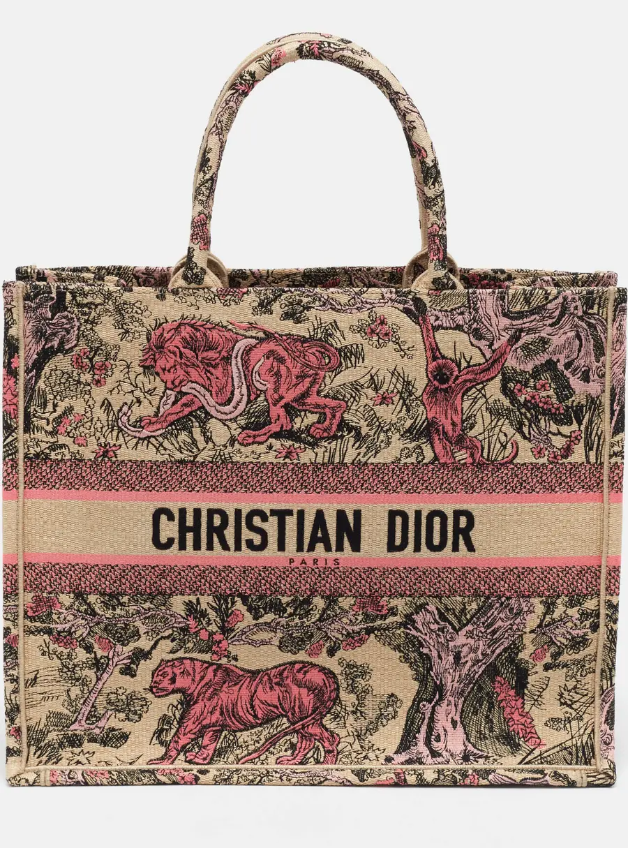 Dior Book Large Pink/Beige Toile De Jouy Embroidered Raffia Tote