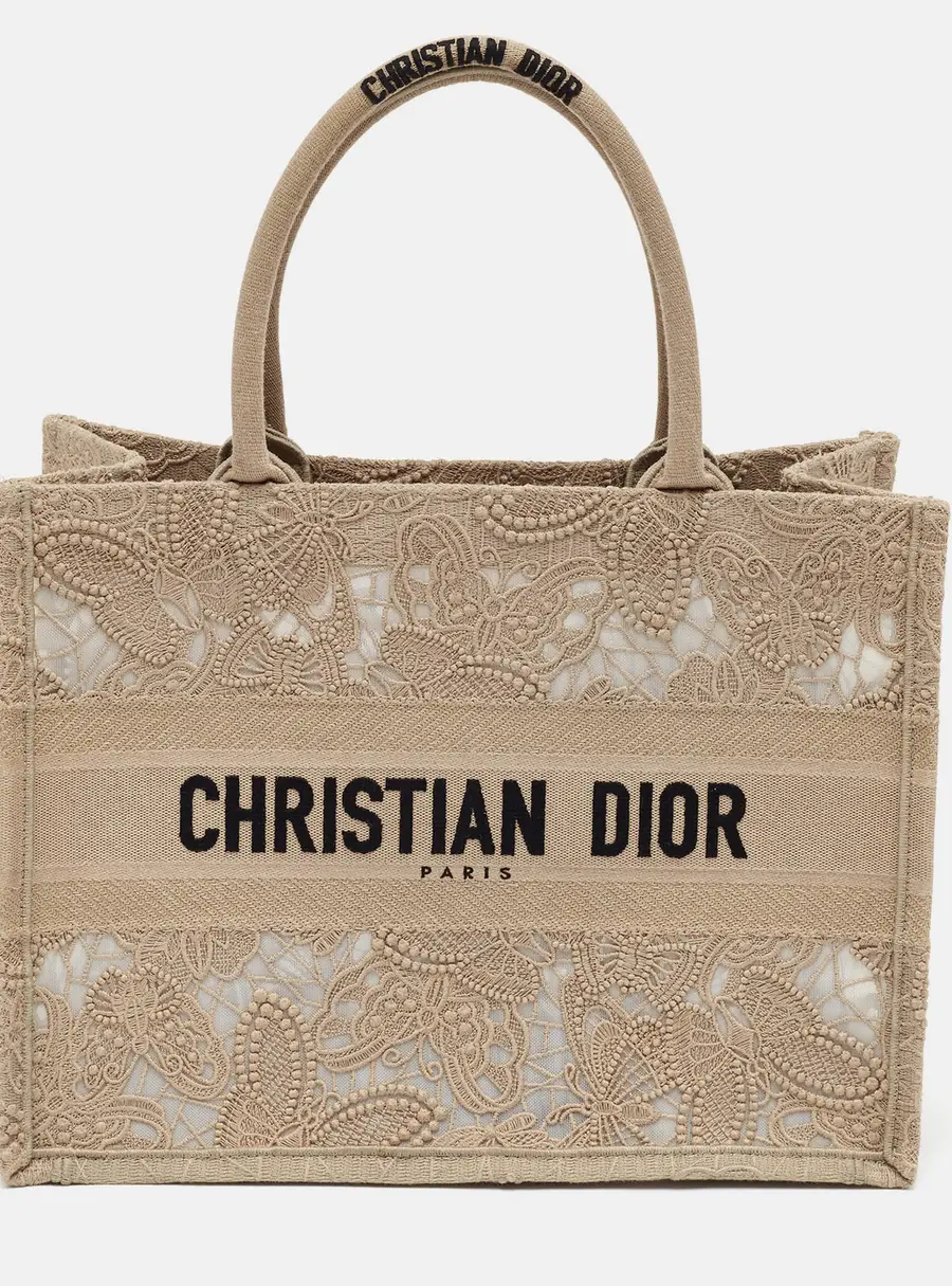 Dior Book Medium Beige Embroidered 3D Macrame Butterfly Mesh Tote